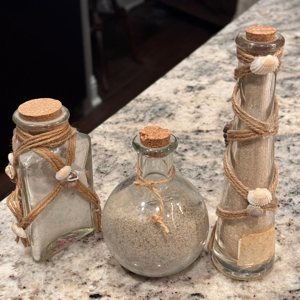 3pc Sand filled Glass seashell Bottle Set with Cork and Twine